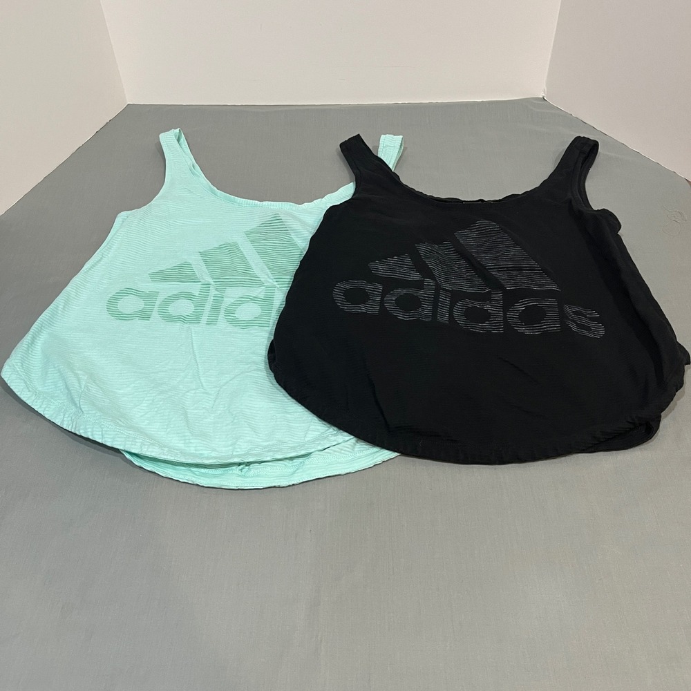 Adidas Tank Tops Women XS Black Mint Green‎ 2 Pack Ribbed Logo Sleeveless